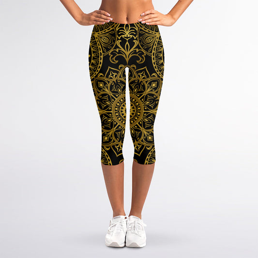 Gold And Black Mandala Print Women's Capri Leggings