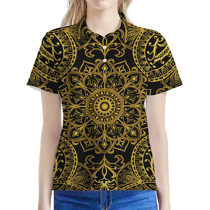 Gold And Black Mandala Print Women's Polo Shirt