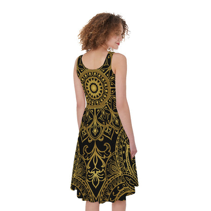 Gold And Black Mandala Print Women's Sleeveless Dress