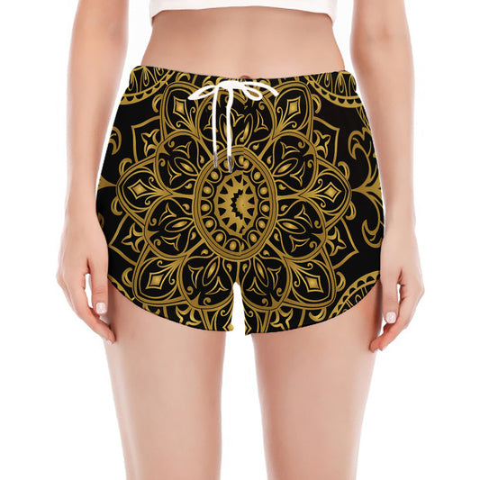 Gold And Black Mandala Print Women's Split Running Shorts