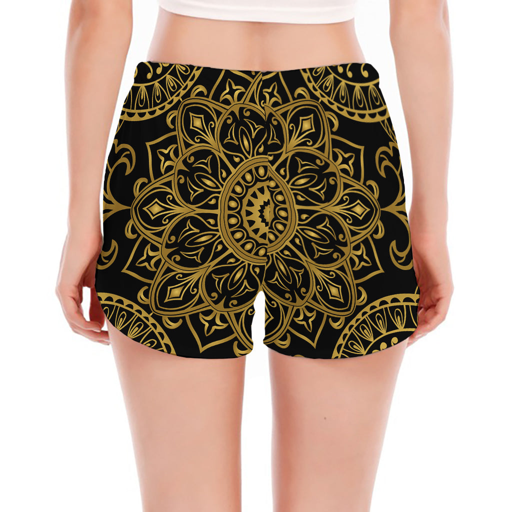 Gold And Black Mandala Print Women's Split Running Shorts