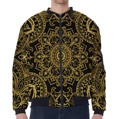 Gold And Black Mandala Print Zip Sleeve Bomber Jacket