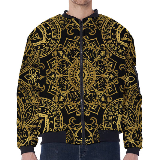 Gold And Black Mandala Print Zip Sleeve Bomber Jacket