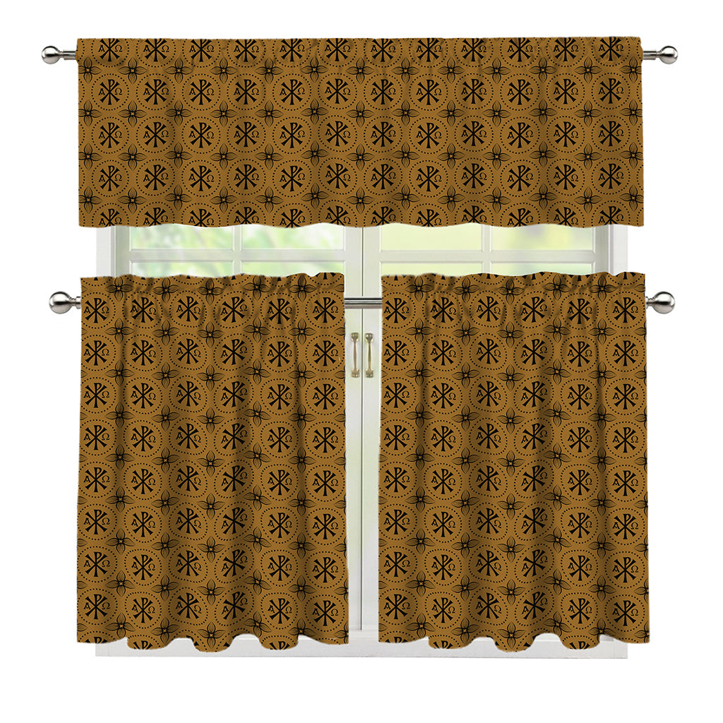 Gold And Black Orthodox Pattern Print 3 Piece Kitchen Curtains