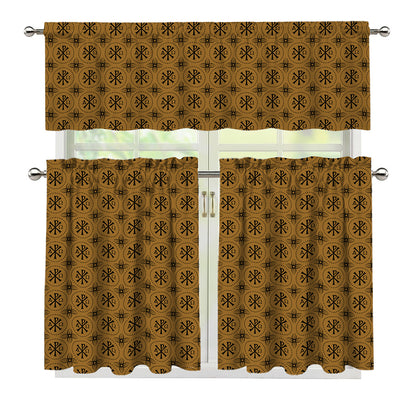 Gold And Black Orthodox Pattern Print 3 Piece Kitchen Curtains