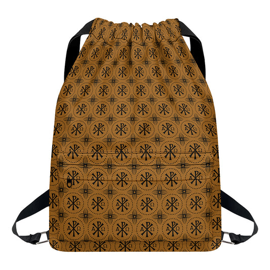 Gold And Black Orthodox Pattern Print Drawstring Backpack