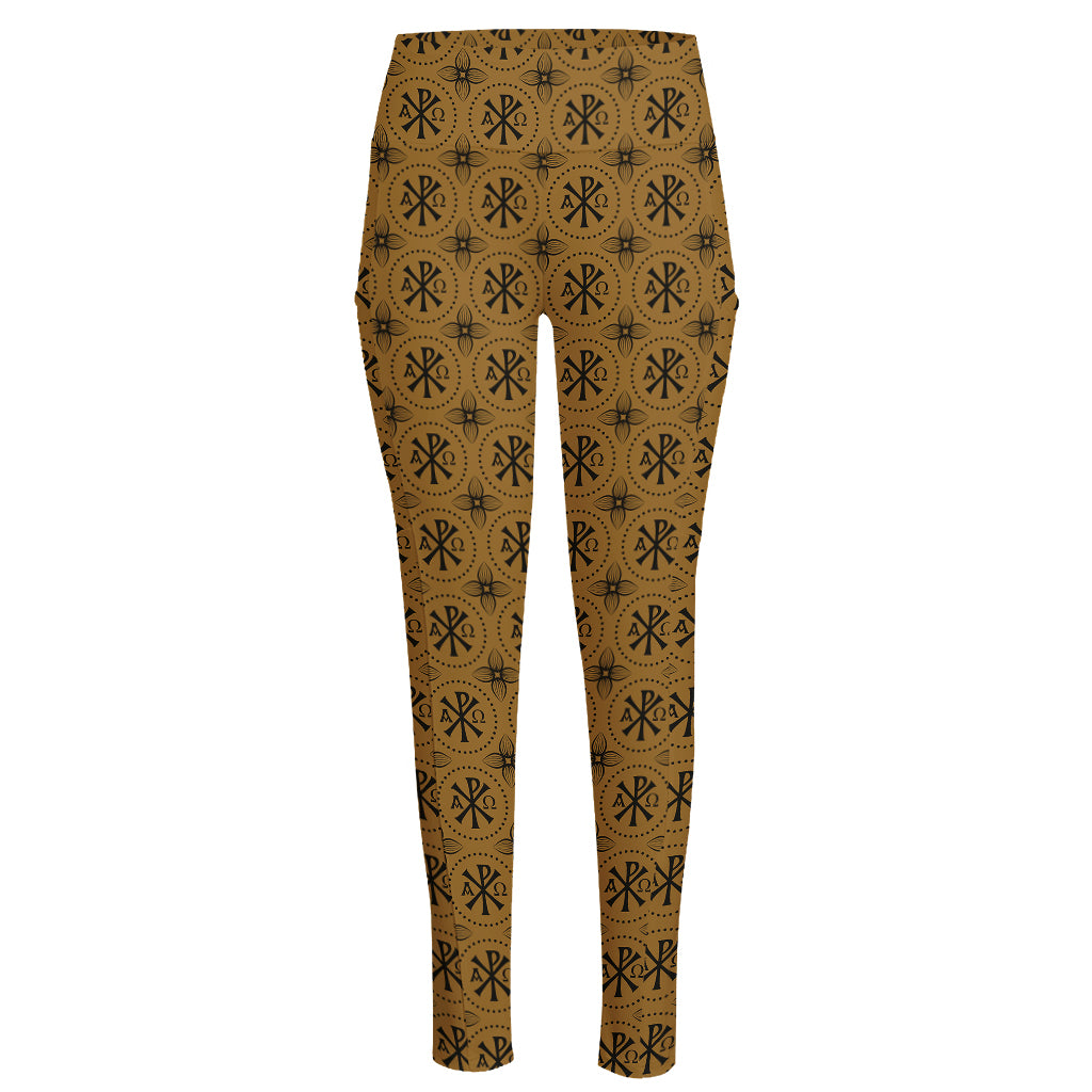Gold And Black Orthodox Pattern Print High-Waisted Pocket Leggings