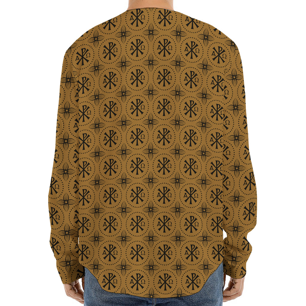 Gold And Black Orthodox Pattern Print Long Sleeve Baseball Jersey