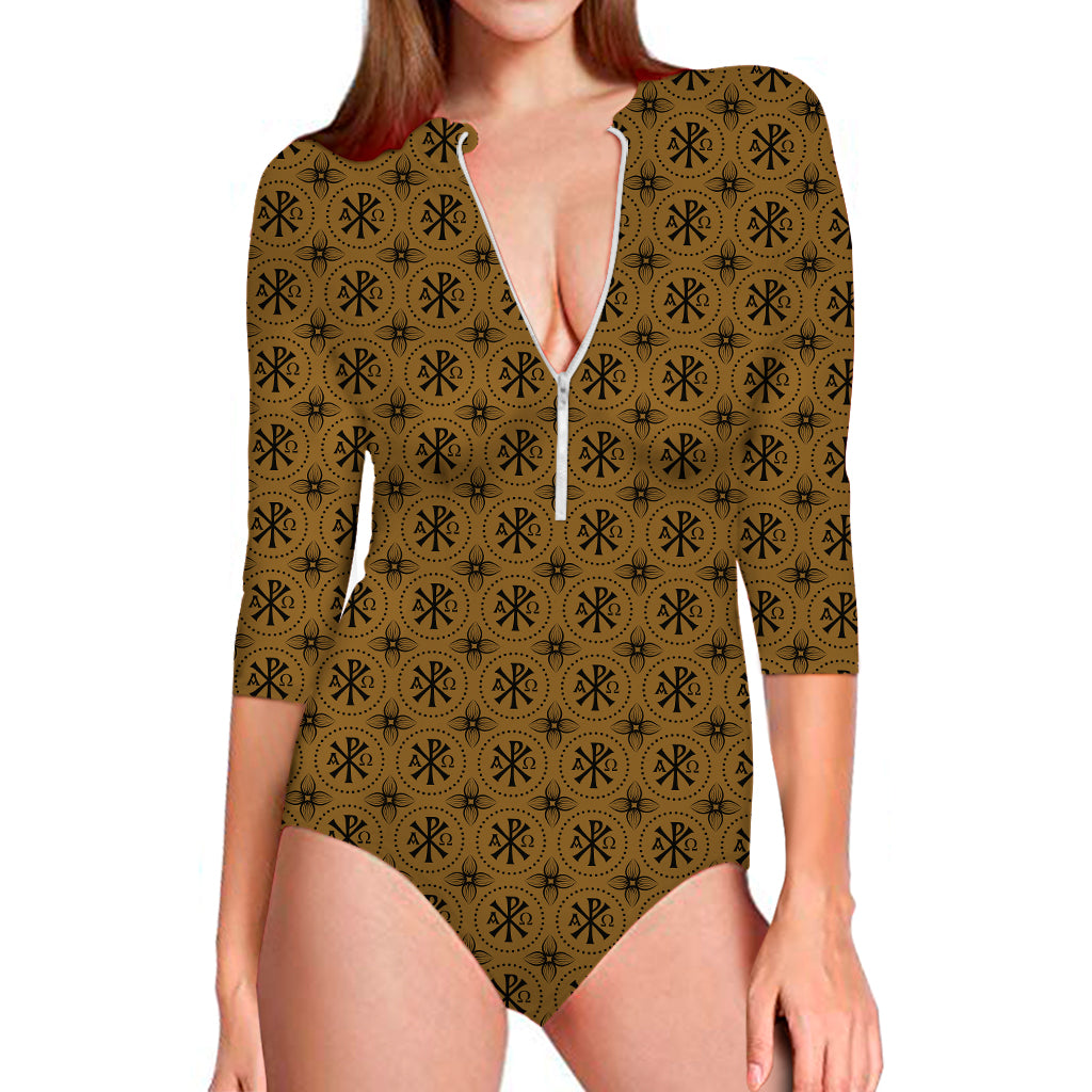 Gold And Black Orthodox Pattern Print Long Sleeve Swimsuit