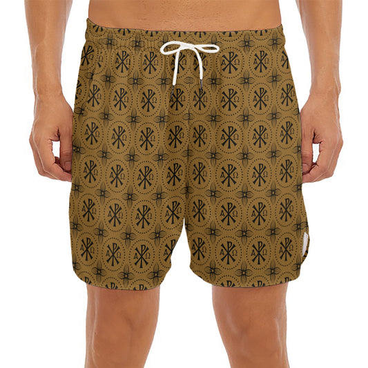 Gold And Black Orthodox Pattern Print Men's Split Running Shorts