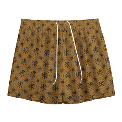 Gold And Black Orthodox Pattern Print Mesh Shorts