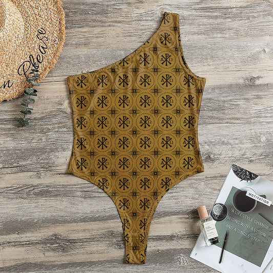 Gold And Black Orthodox Pattern Print One Shoulder Bodysuit