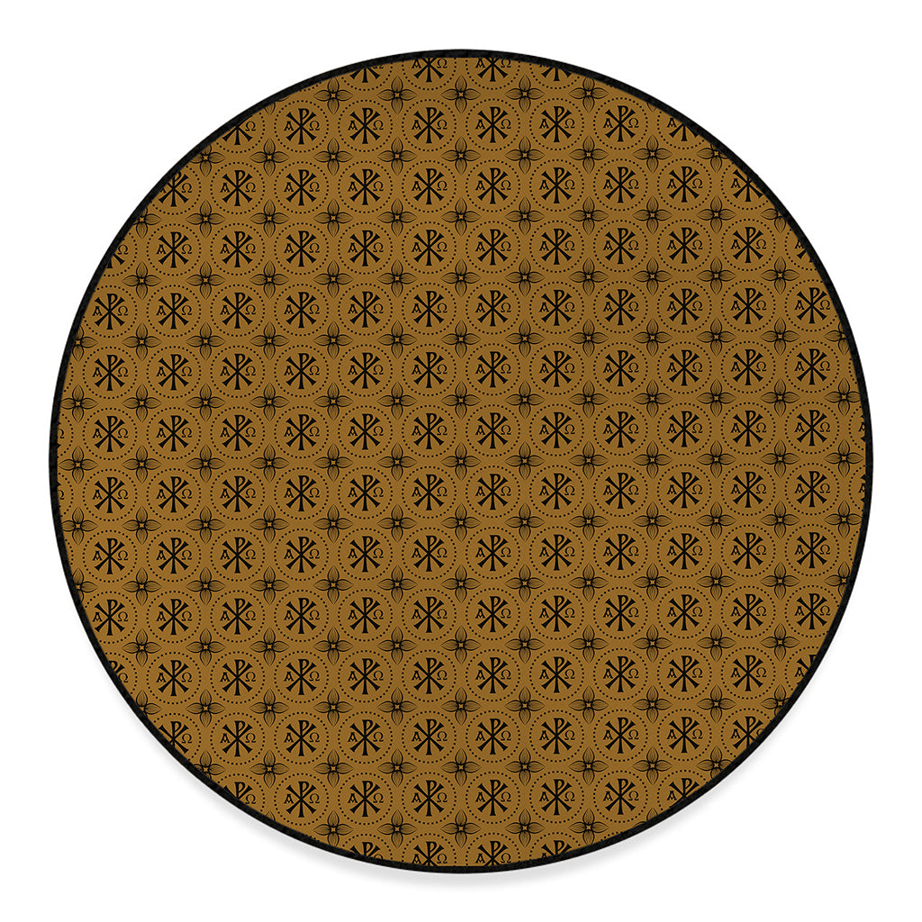 Gold And Black Orthodox Pattern Print Round Floor Mat