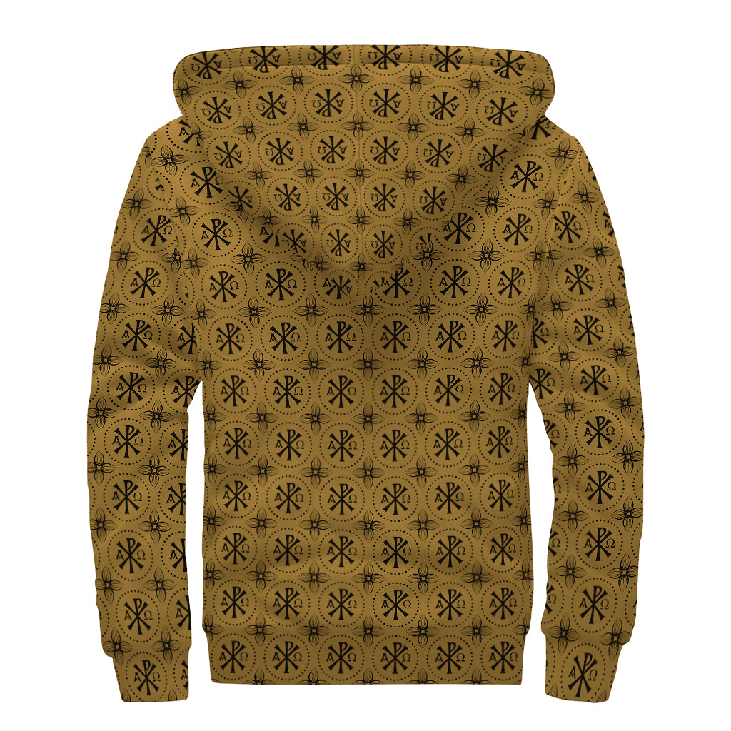 Gold And Black Orthodox Pattern Print Sherpa Lined Zip Up Hoodie