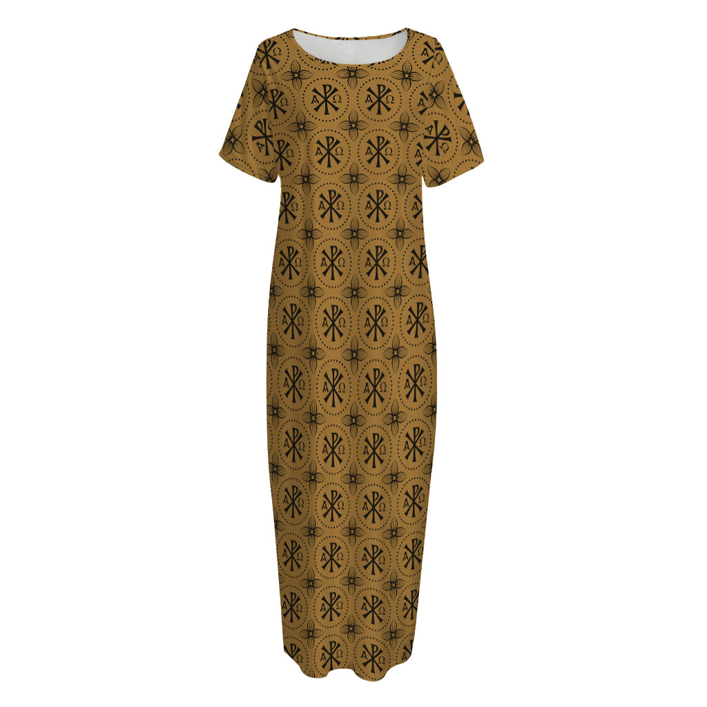 Gold And Black Orthodox Pattern Print Short Sleeve Long Nightdress