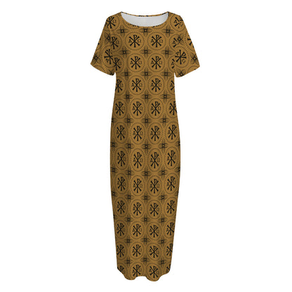 Gold And Black Orthodox Pattern Print Short Sleeve Long Nightdress