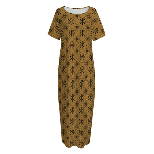 Gold And Black Orthodox Pattern Print Short Sleeve Long Nightdress