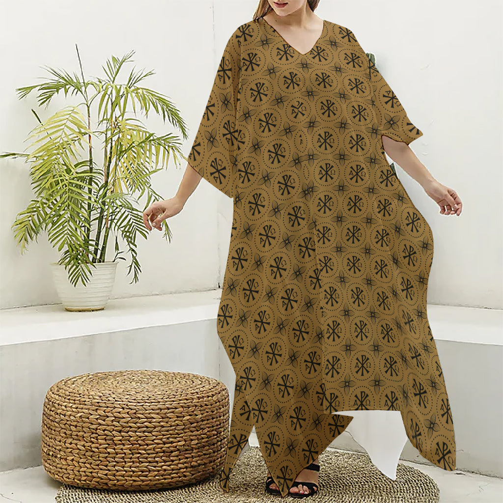 Gold And Black Orthodox Pattern Print Silk V-Neck Kaftan Dress