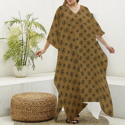 Gold And Black Orthodox Pattern Print Silk V-Neck Kaftan Dress