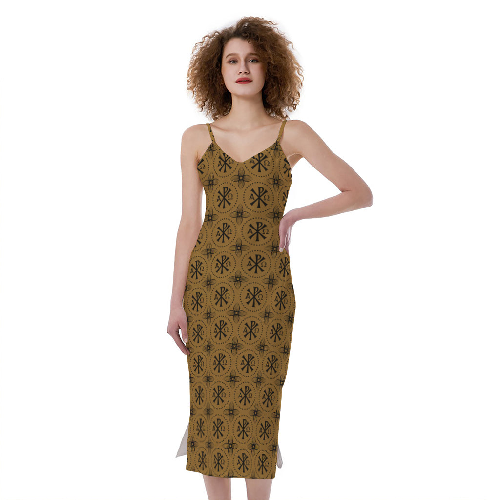 Gold And Black Orthodox Pattern Print Slim Fit Midi Cami Dress
