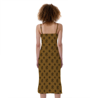Gold And Black Orthodox Pattern Print Slim Fit Midi Cami Dress