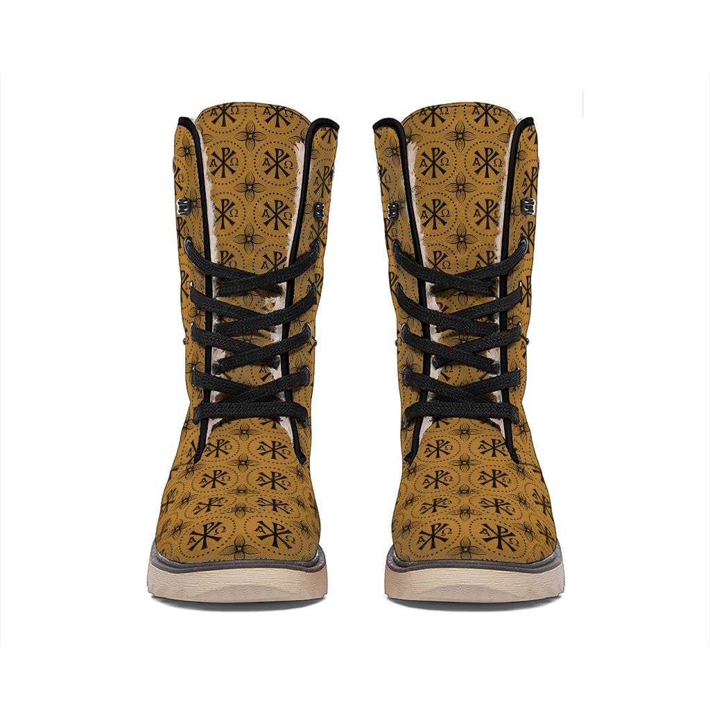 Gold And Black Orthodox Pattern Print Winter Boots