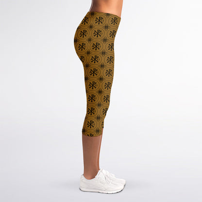 Gold And Black Orthodox Pattern Print Women's Capri Leggings