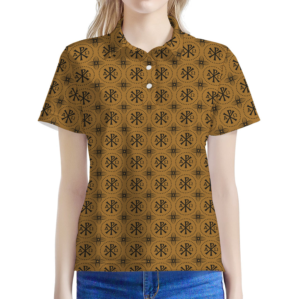 Gold And Black Orthodox Pattern Print Women's Polo Shirt