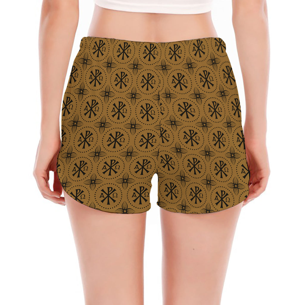Gold And Black Orthodox Pattern Print Women's Split Running Shorts