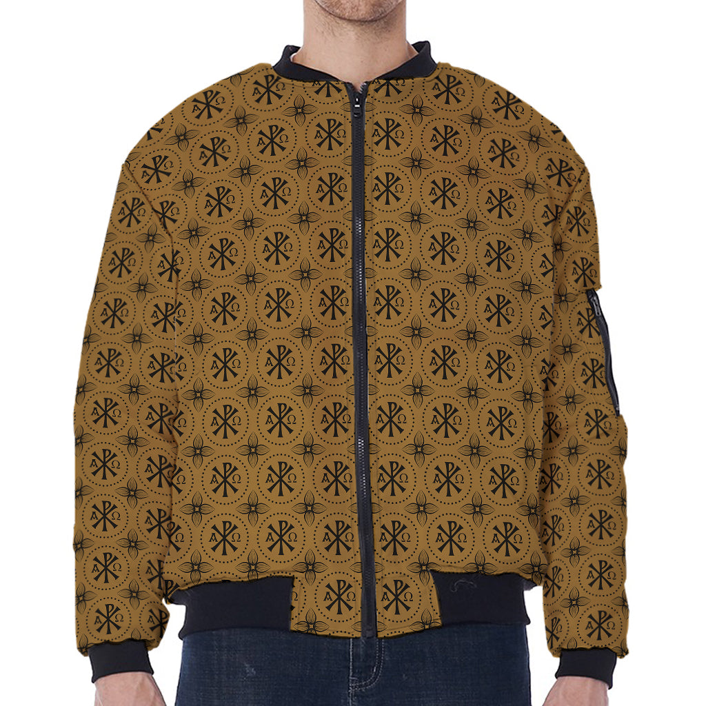 Gold And Black Orthodox Pattern Print Zip Sleeve Bomber Jacket