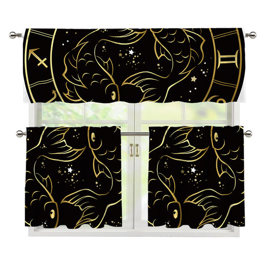 Gold And Black Pisces Sign Print 3 Piece Kitchen Curtains