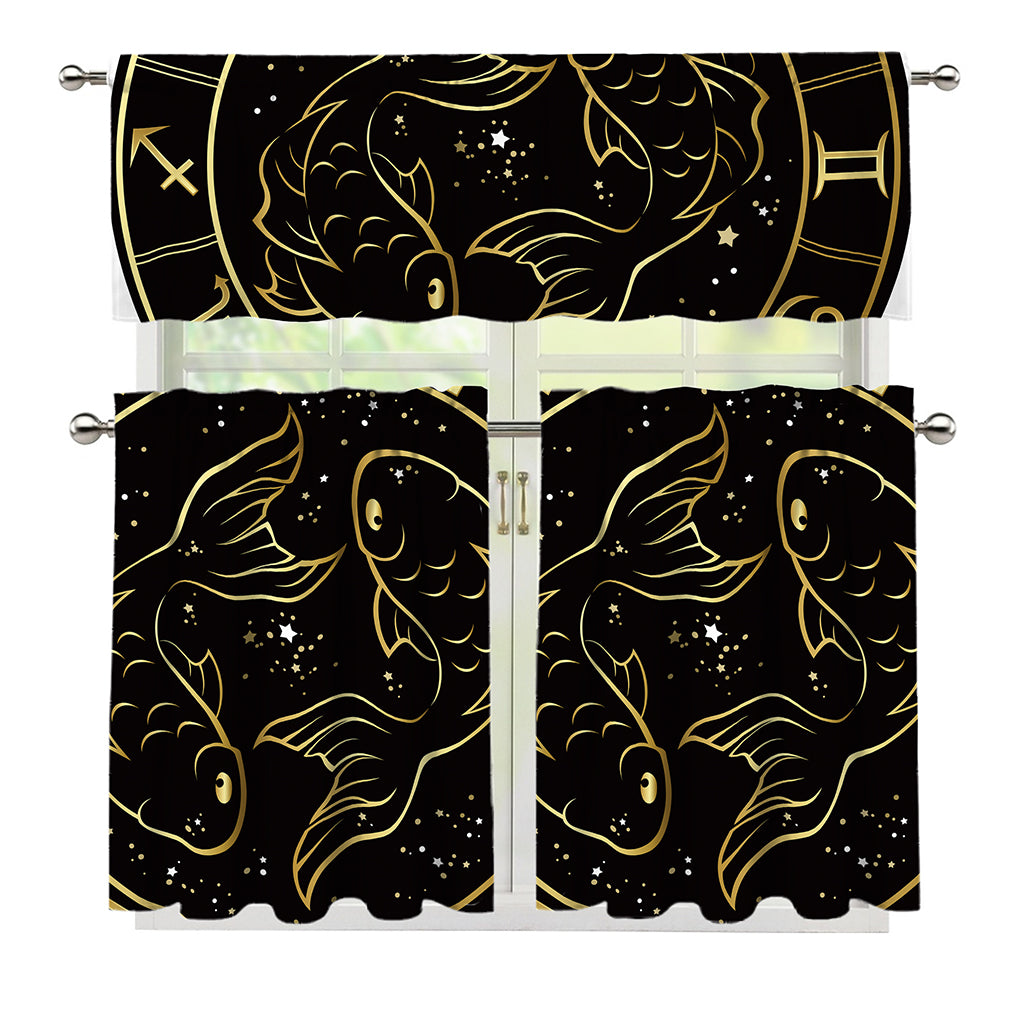 Gold And Black Pisces Sign Print 3 Piece Kitchen Curtains