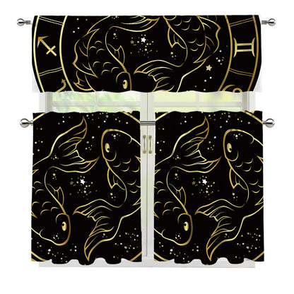 Gold And Black Pisces Sign Print 3 Piece Kitchen Curtains
