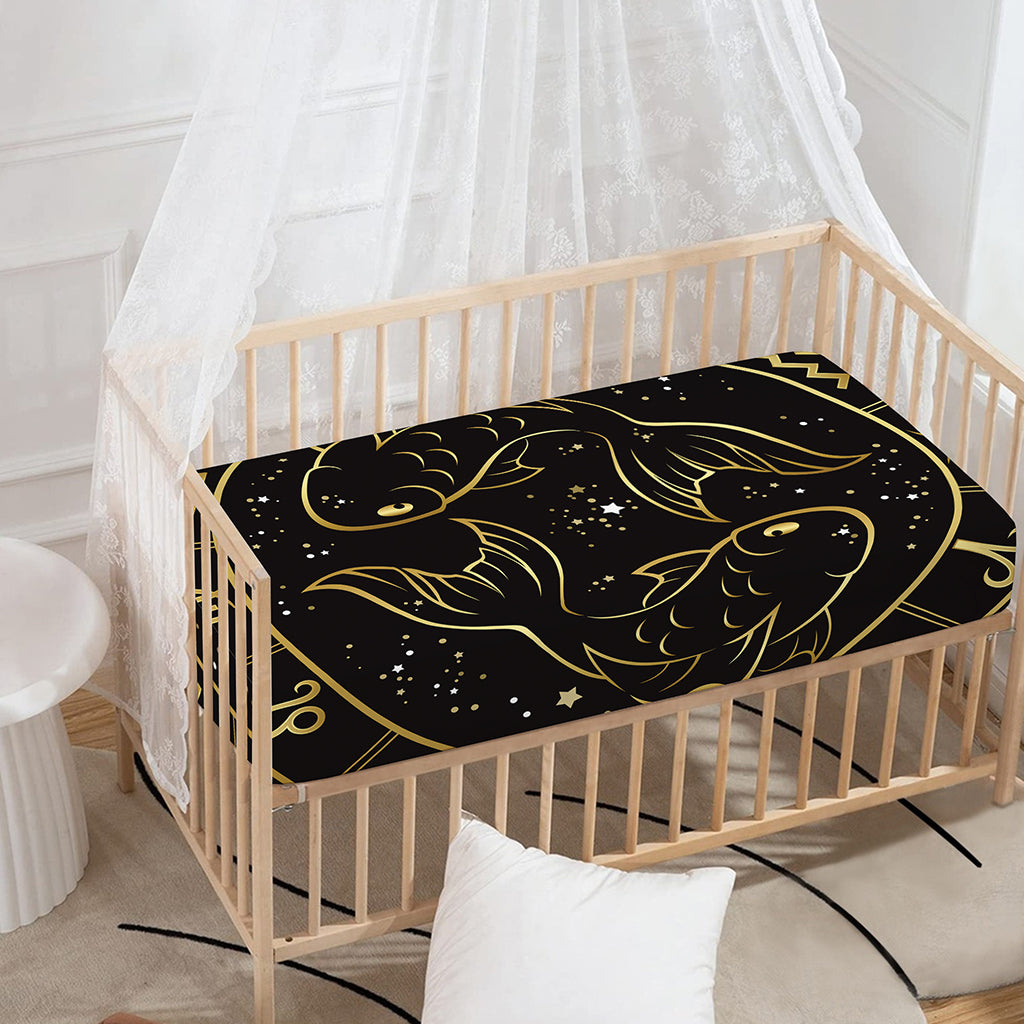 Gold And Black Pisces Sign Print Baby Crib Sheet
