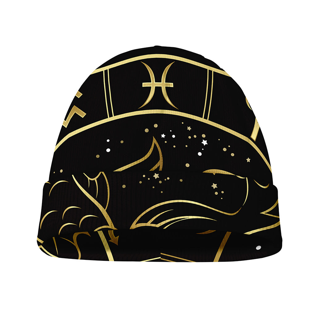 Gold And Black Pisces Sign Print Beanie