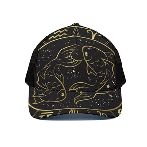 Gold And Black Pisces Sign Print Black Mesh Trucker Cap