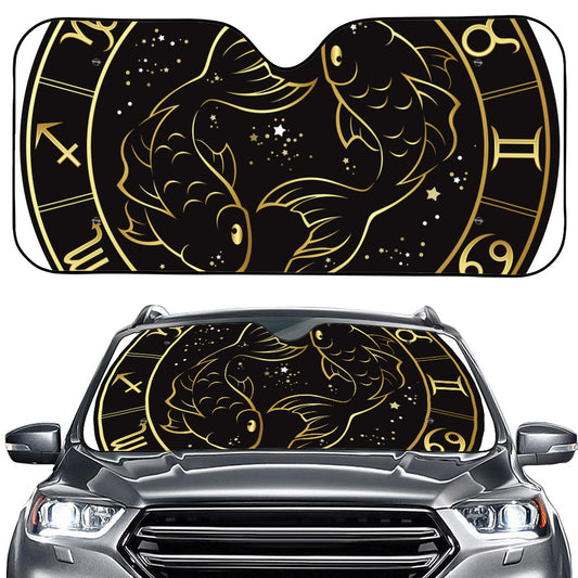 Gold And Black Pisces Sign Print Car Windshield Sun Shade