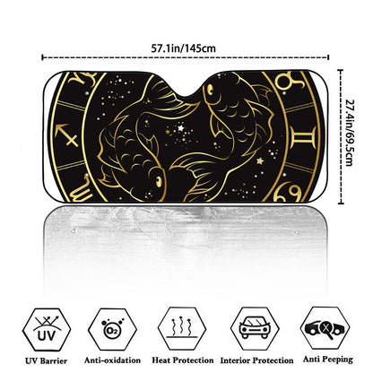 Gold And Black Pisces Sign Print Car Windshield Sun Shade