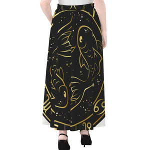 Gold And Black Pisces Sign Print Chiffon Maxi Skirt