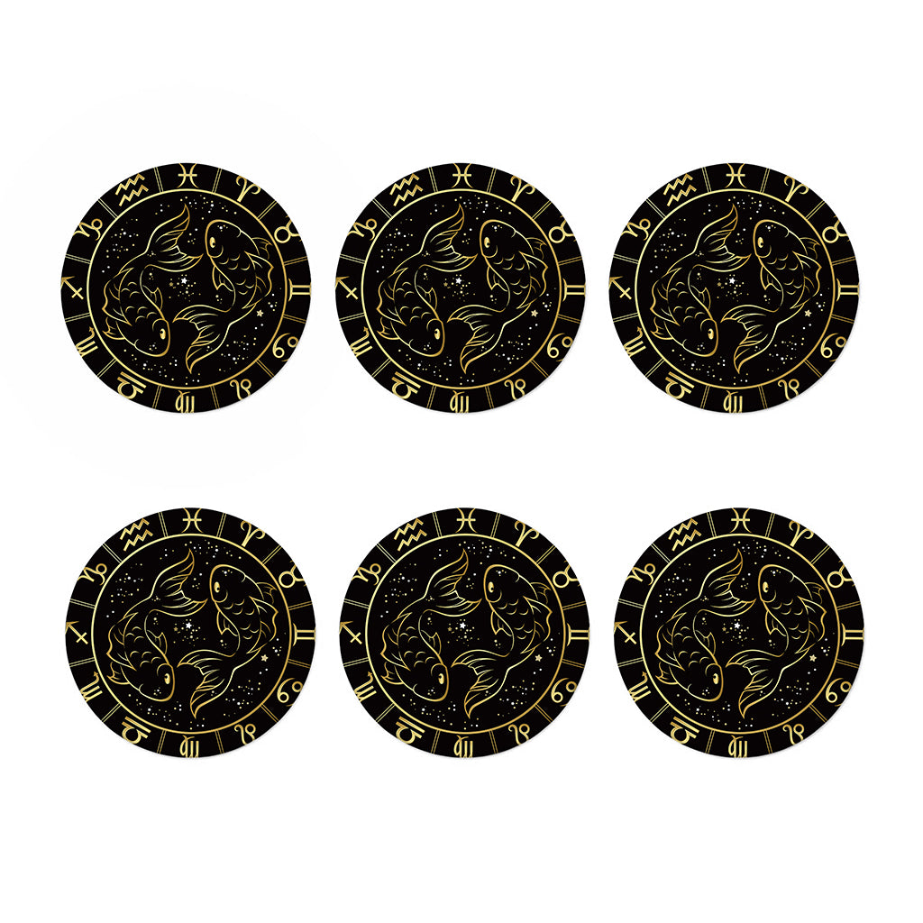 Gold And Black Pisces Sign Print Coaster Set