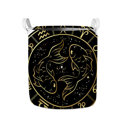 Gold And Black Pisces Sign Print Collapsible Laundry Basket