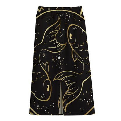 Gold And Black Pisces Sign Print Cotton Front Slit Maxi Skirt