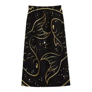 Gold And Black Pisces Sign Print Cotton Front Slit Maxi Skirt