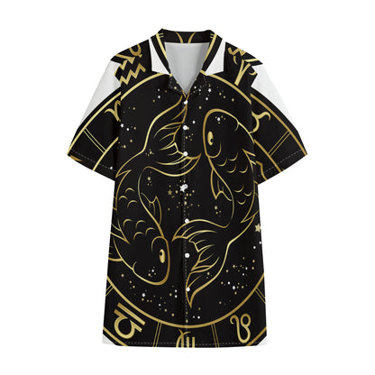 Gold And Black Pisces Sign Print Cotton Hawaiian Shirt