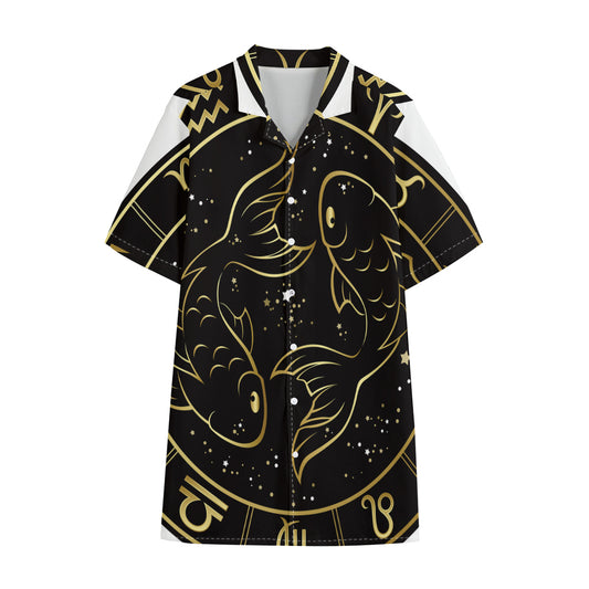Gold And Black Pisces Sign Print Cotton Hawaiian Shirt