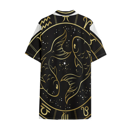 Gold And Black Pisces Sign Print Cotton Hawaiian Shirt