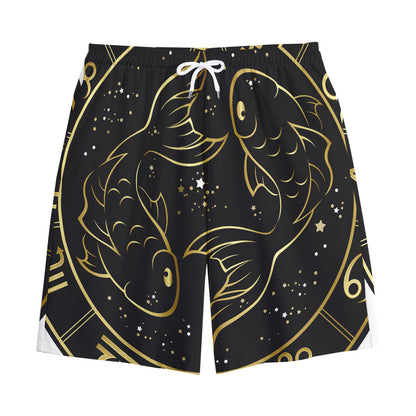 Gold And Black Pisces Sign Print Cotton Shorts