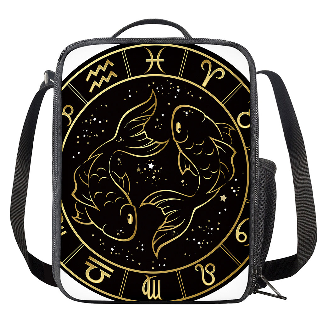 Gold And Black Pisces Sign Print Crossbody Lunch Bag