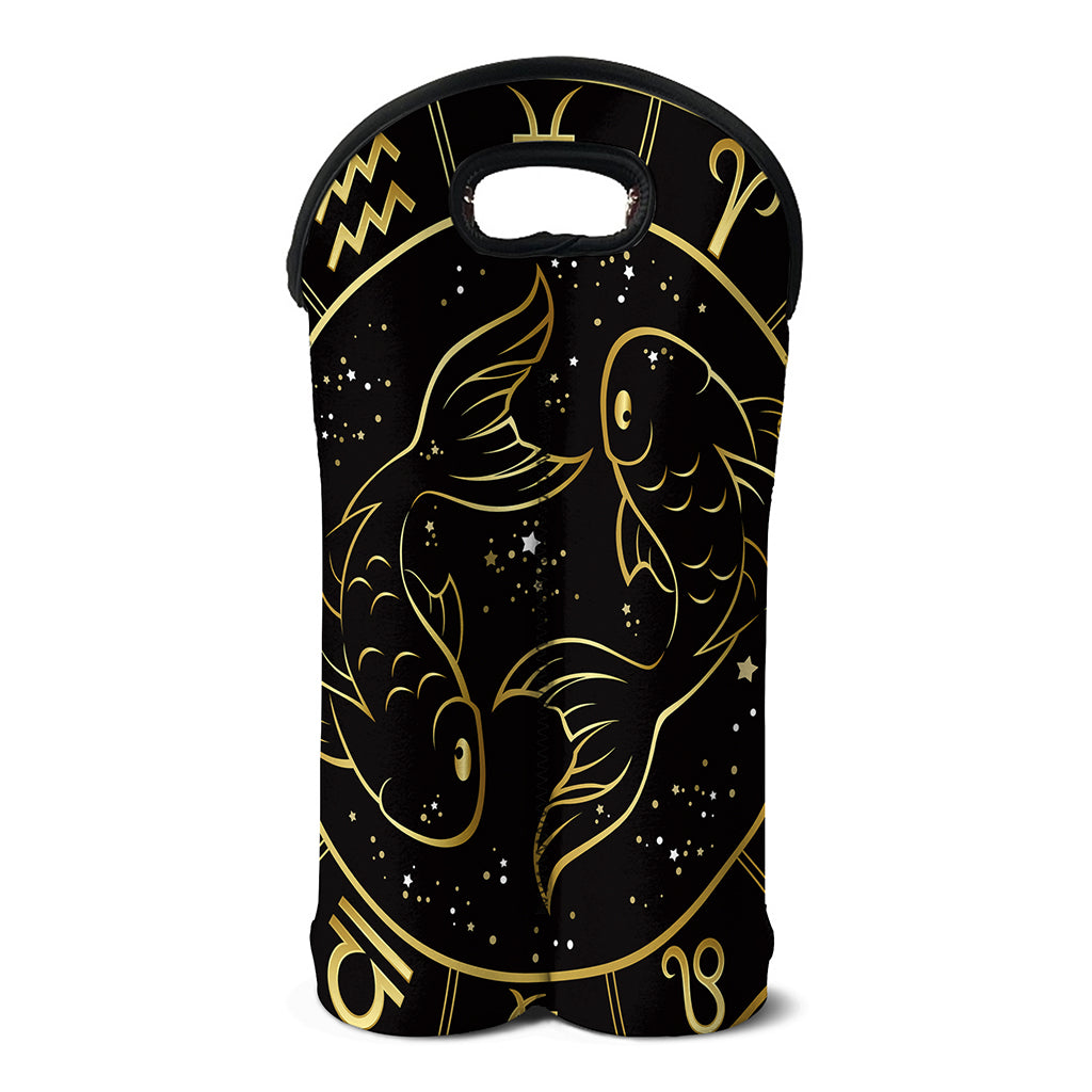 Gold And Black Pisces Sign Print Double Neoprene Wine Tote
