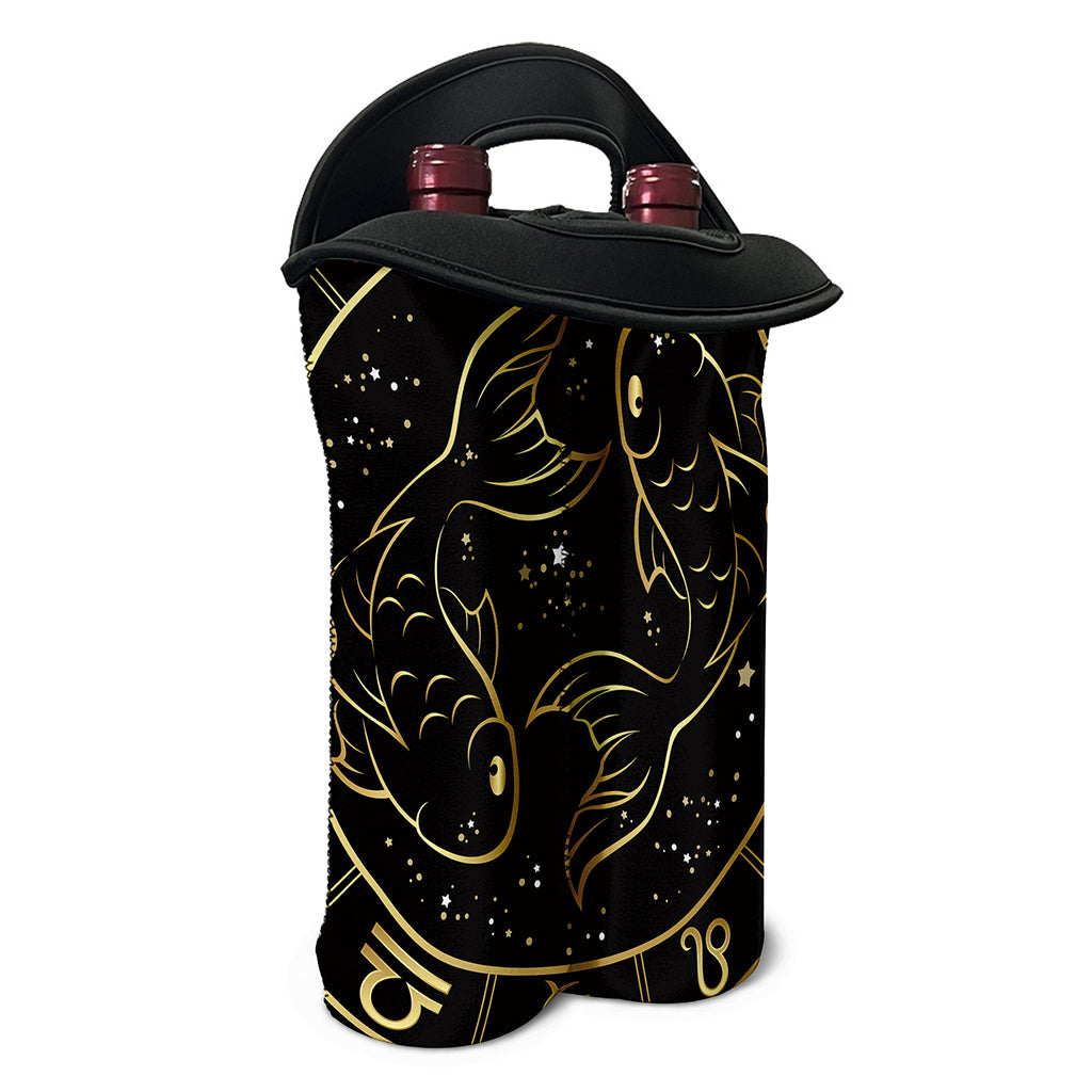 Gold And Black Pisces Sign Print Double Neoprene Wine Tote